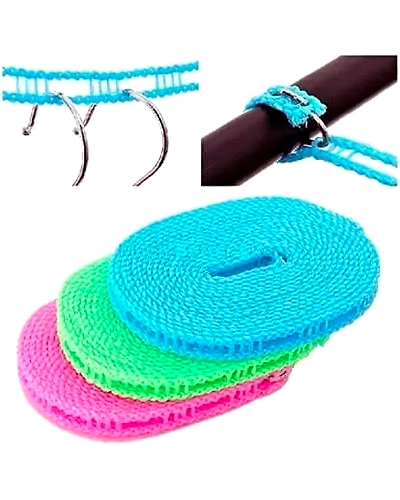 Denzcart Clothes Lines Windproof Anti-Slip Laundry Line for Outdoor, Indoor, Home | Washing Line Drying Nylon Rope with Hooks (3 Nos of (5 Mtr.))-Cloth-rop-3pcs