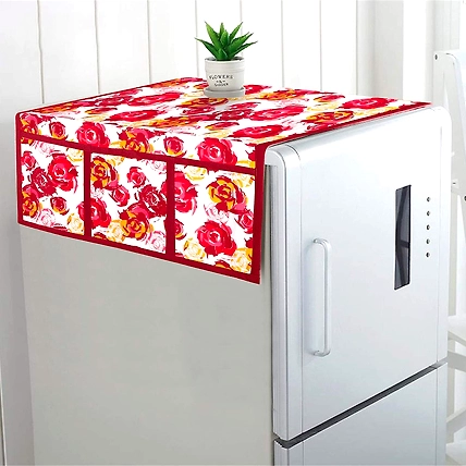 DC Polyester 3-Layered Fridge Top Cover with 6 Utility Pockets (Random Design)-Multicolour-1