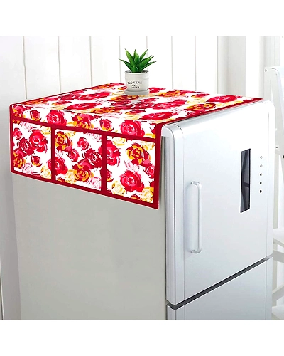 DC Polyester 3-Layered Fridge Top Cover with 6 Utility Pockets (Random Design)-Multicolour-1