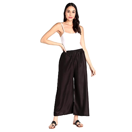 Dc Women's Heavy Rayon Elastic Solid Plain Palazzo (Free Size)- Black (Free)-1