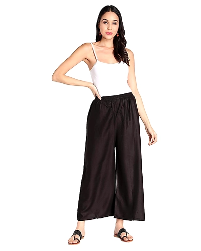Dc Women's Heavy Rayon Elastic Solid Plain Palazzo (Free Size)- Black (Free)-1