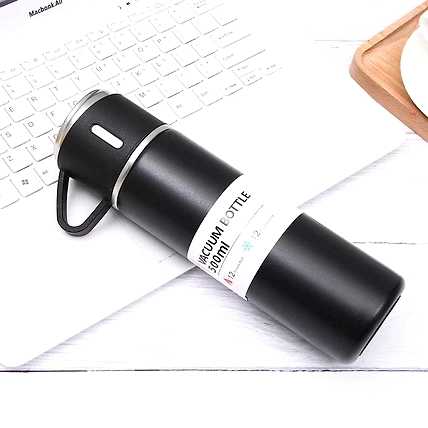 Denzcart Stainless Steel Vacuum Flask Set with 2 Steel Cups Combo for Coffee HOT Drink and Cold Water Flask Ideal Gifting Travel Friendly Latest Flask Bottle. (500ML) Black-1