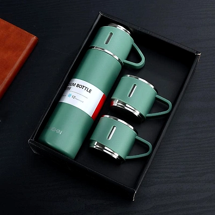 Denzcart Stainless Steel Vacuum Flask Set with 2 Steel Cups Combo for Coffee HOT Drink and Cold Water Flask Ideal Gifting Travel Friendly Latest Flask Bottle. (500ML)-B0BNLDCC5W