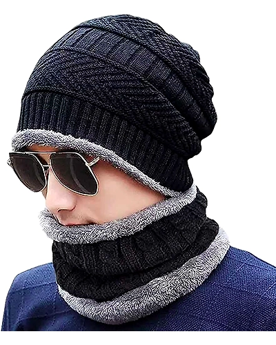 Denzcart Ultra Soft Unisex Woollen Beanie Cap Plus Neck Warmer Muffler Scarf Set for Men Women Girl Boy - (Inside Fur) Warm, Snow Proof Knit Hat Thick Fleece Lined Winter Hat (Free Size)-B09P4YVS6P