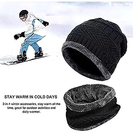 Denzcart Ultra Soft Unisex Woollen Beanie Cap Plus Neck Warmer Muffler Scarf Set for Men Women Girl Boy - (Inside Fur) Warm, Snow Proof Knit Hat Thick Fleece Lined Winter Hat (Free Size)-1