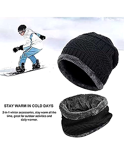 Denzcart Ultra Soft Unisex Woollen Beanie Cap Plus Neck Warmer Muffler Scarf Set for Men Women Girl Boy - (Inside Fur) Warm, Snow Proof Knit Hat Thick Fleece Lined Winter Hat (Free Size)-1