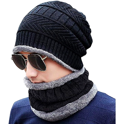 Unisex Woolen Cap (CAP AND MUFFLER_Black)-B09MBS3HG8