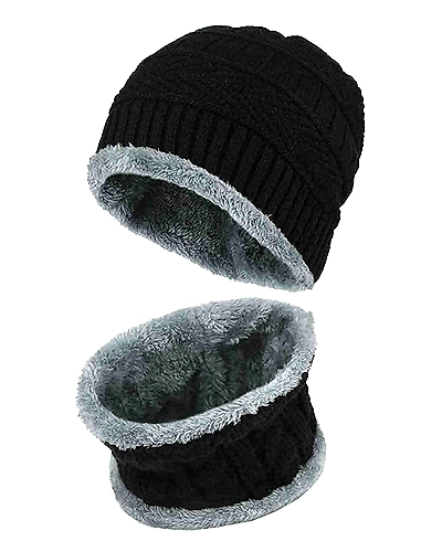 Unisex Woolen Cap (CAP AND MUFFLER_Black)-1