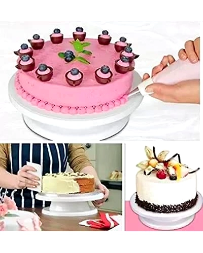 Denzcart 360 Degree Rotating Cake Stand Plastic Cake Server, Cake Turntable Revolving Cake Decorating Stand Cake Stand (White, Pack of 1)-1