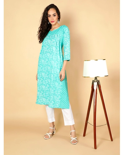 Cotton Ethnic Motifs Printed A-Line Pleated Women Kurta (Aqua)-2