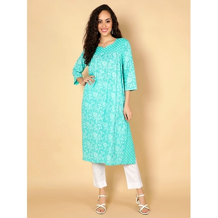 Cotton Ethnic Motifs Printed A-Line Pleated Women Kurta (Aqua)-Aqua_kurti_M