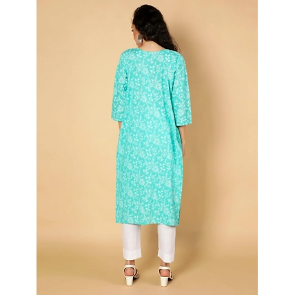Cotton Ethnic Motifs Printed A-Line Pleated Women Kurta (Aqua)-4