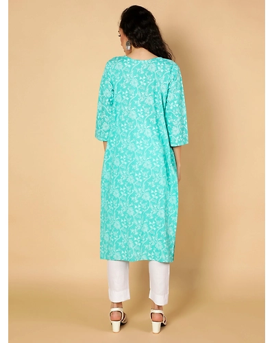 Cotton Ethnic Motifs Printed A-Line Pleated Women Kurta (Aqua)-4