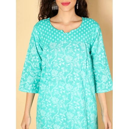 Cotton Ethnic Motifs Printed A-Line Pleated Women Kurta (Aqua)-1