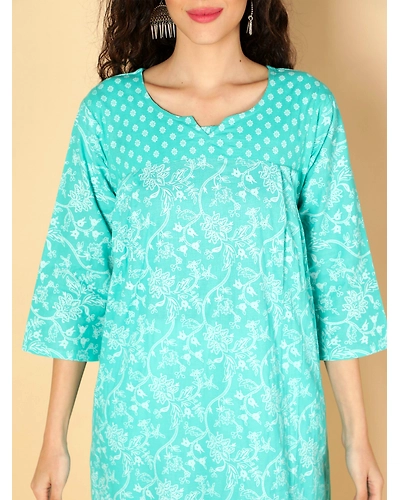 Cotton Ethnic Motifs Printed A-Line Pleated Women Kurta (Aqua)-1