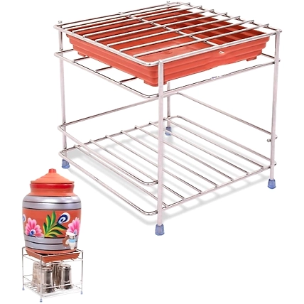 Steel Matka Stand with Water Tray, Square Design, 20 x 20 x 19 cm, Silver (Square Stand)-957833-02b3e0e4