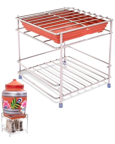 Steel Matka Stand with Water Tray, Square Design, 20 x 20 x 19 cm, Silver (Square Stand)-957833-02b3e0e4