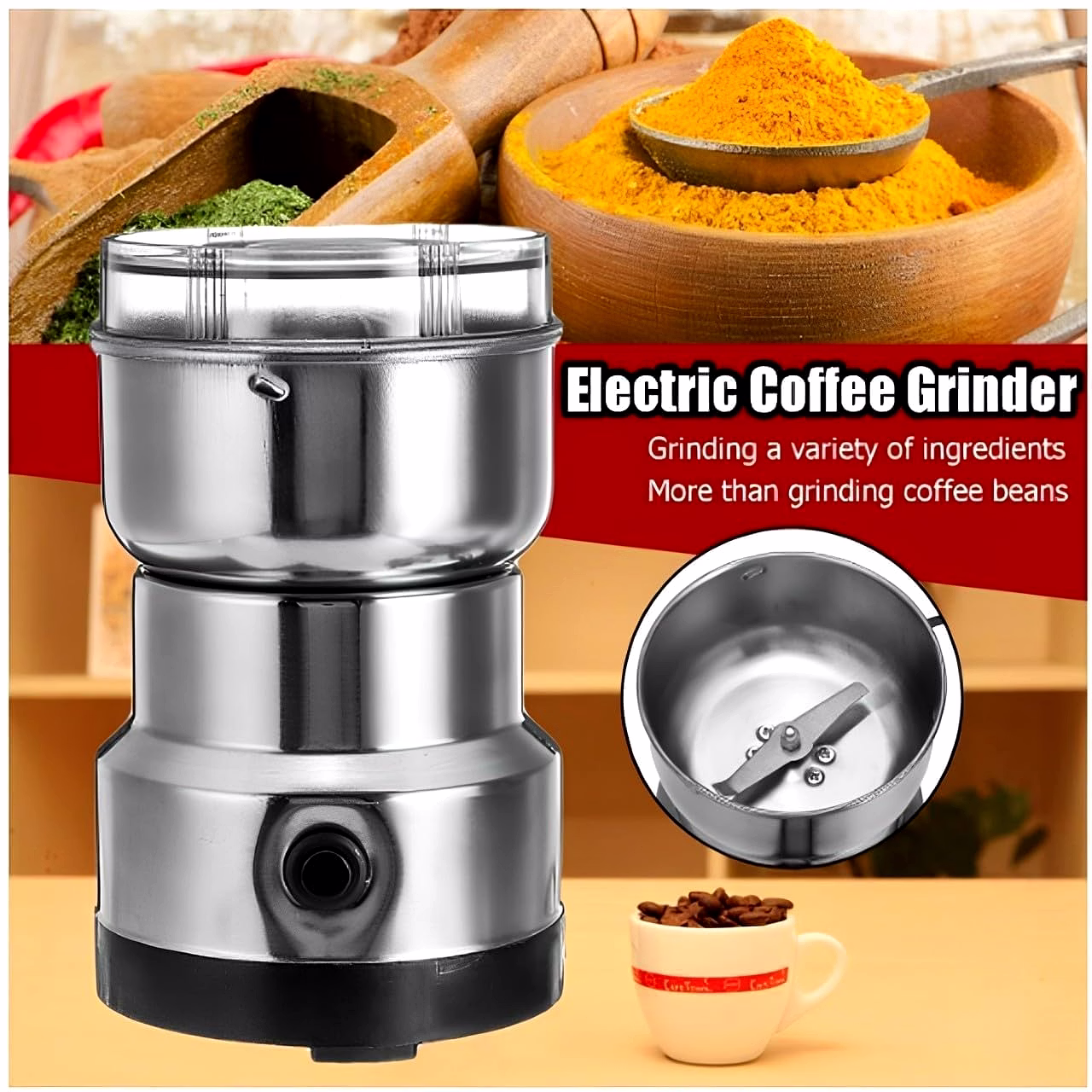 Efficient Stainless Steel Mini Electric Grinder for Coffee, Spices, Masala, Nuts & Grains image 4