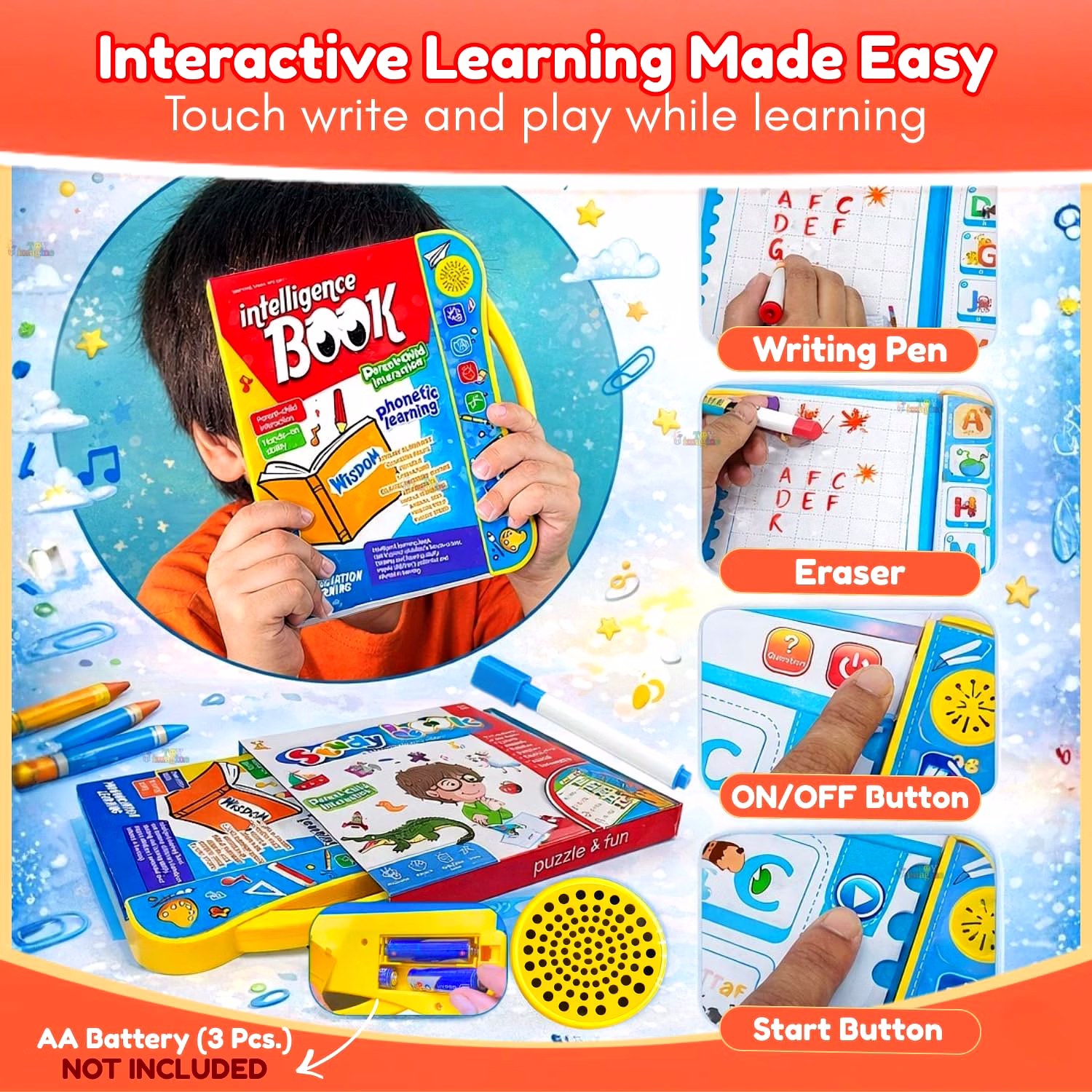 interactive sound book for kids with marker (ages 2–7) learn alphabets, numbers, shapes & phonics educational talking book with music & touch features multicolor learning toy for toddlers