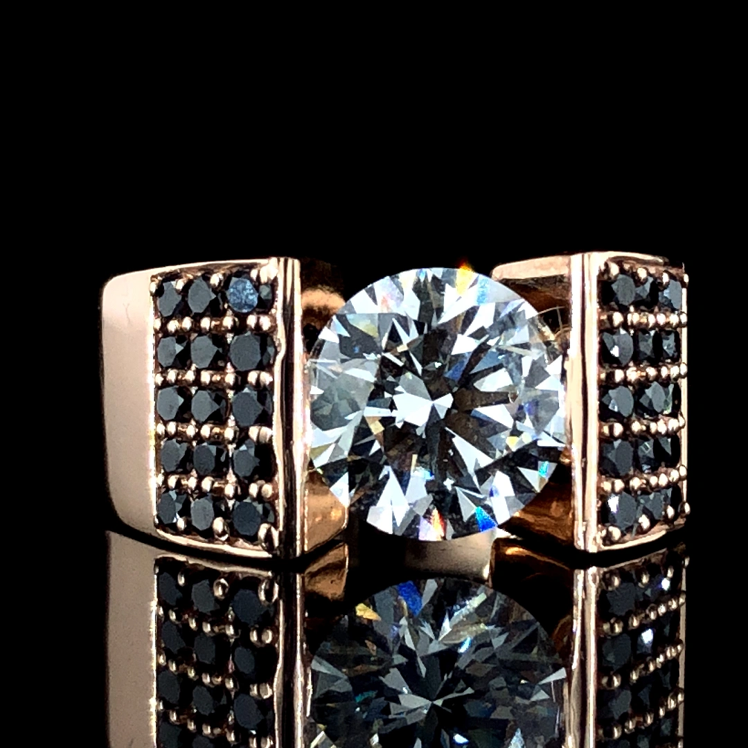 Bold Design Ring | 2 carat centre Studded Solitaire | 2 side Black Diamonds | SK Diam | Ring's for Men-3