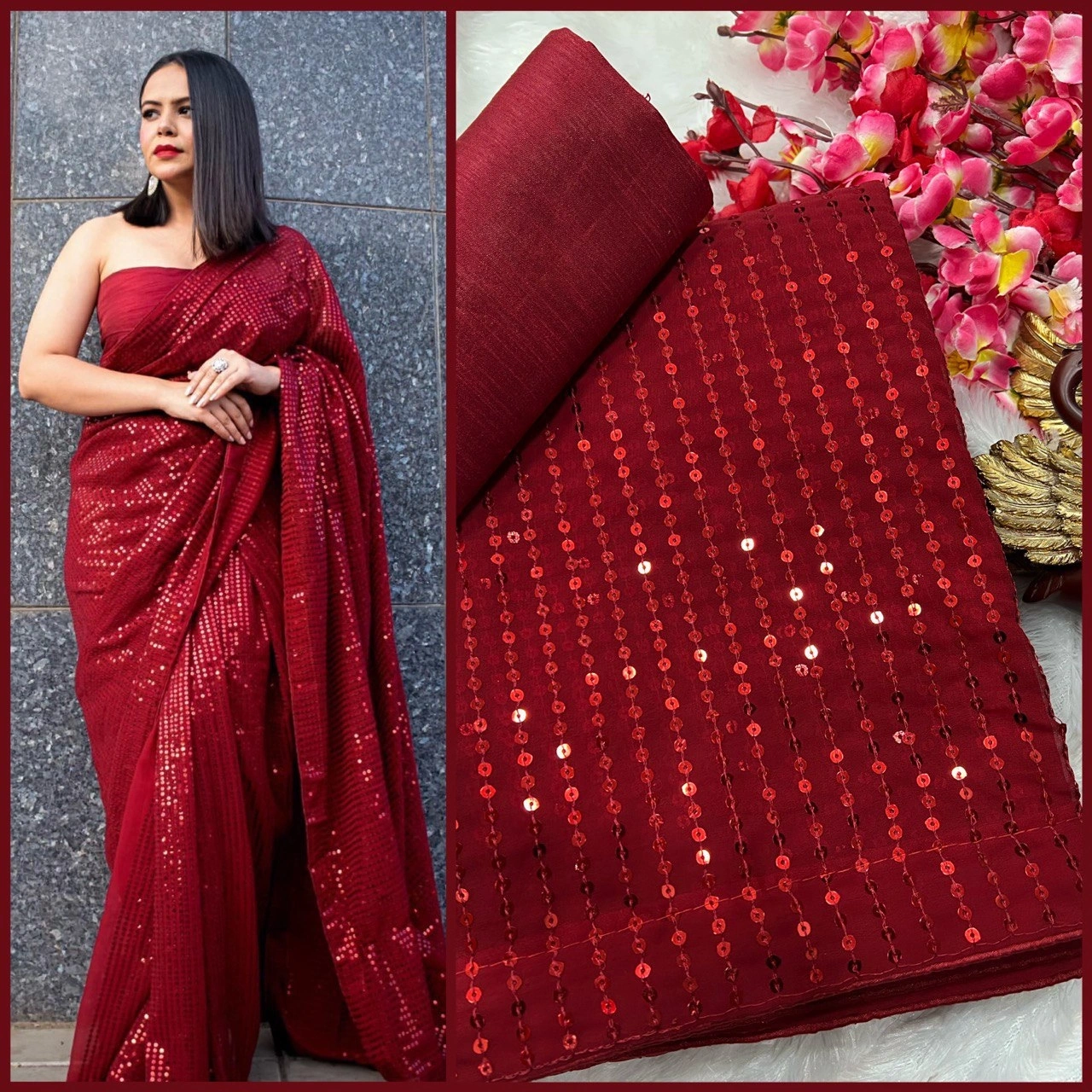 Georgette Fantasy Saree Embroidery Work Border With Blouse Piecs-RNC5144-Maroon