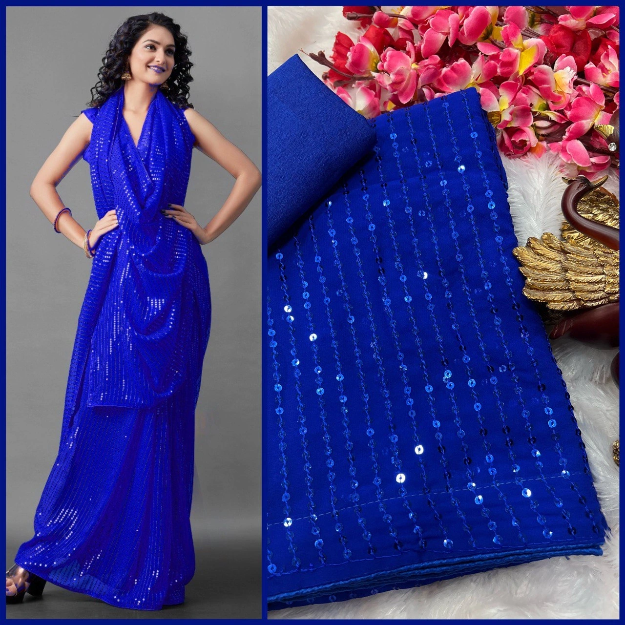 Georgette Fantasy Saree Embroidery Work Border With Blouse Piecs-RNC5144-Blue