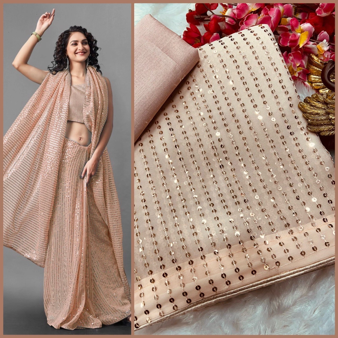 Georgette Fantasy Saree Embroidery Work Border With Blouse Piecs-RNC5144-Beige