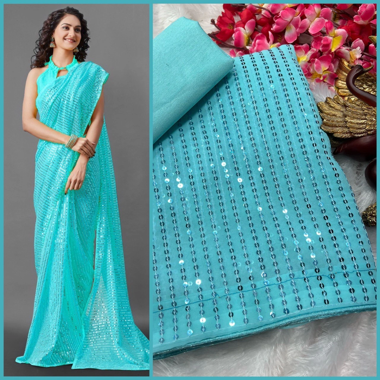 Georgette Fantasy Saree Embroidery Work Border With Blouse Piecs-RNC5144-SkyBlue