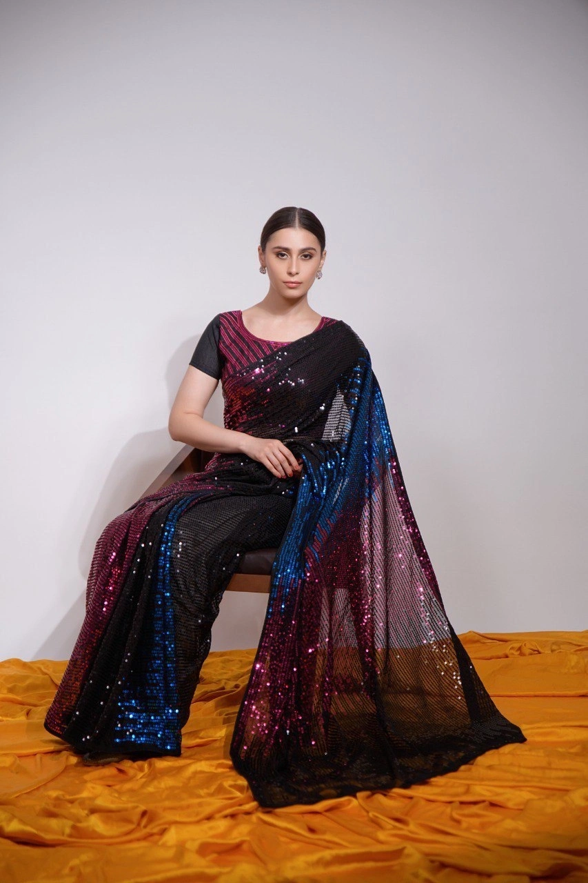 Heavy Georgette Saree with Intricate Sequence Work With Blouse Piecs-Blue-1