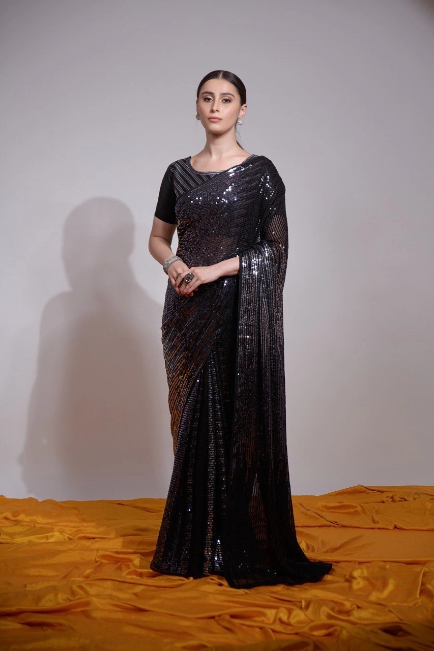 Heavy Georgette Saree with Intricate Sequence Work With Blouse Piecs-RNC5245-Black