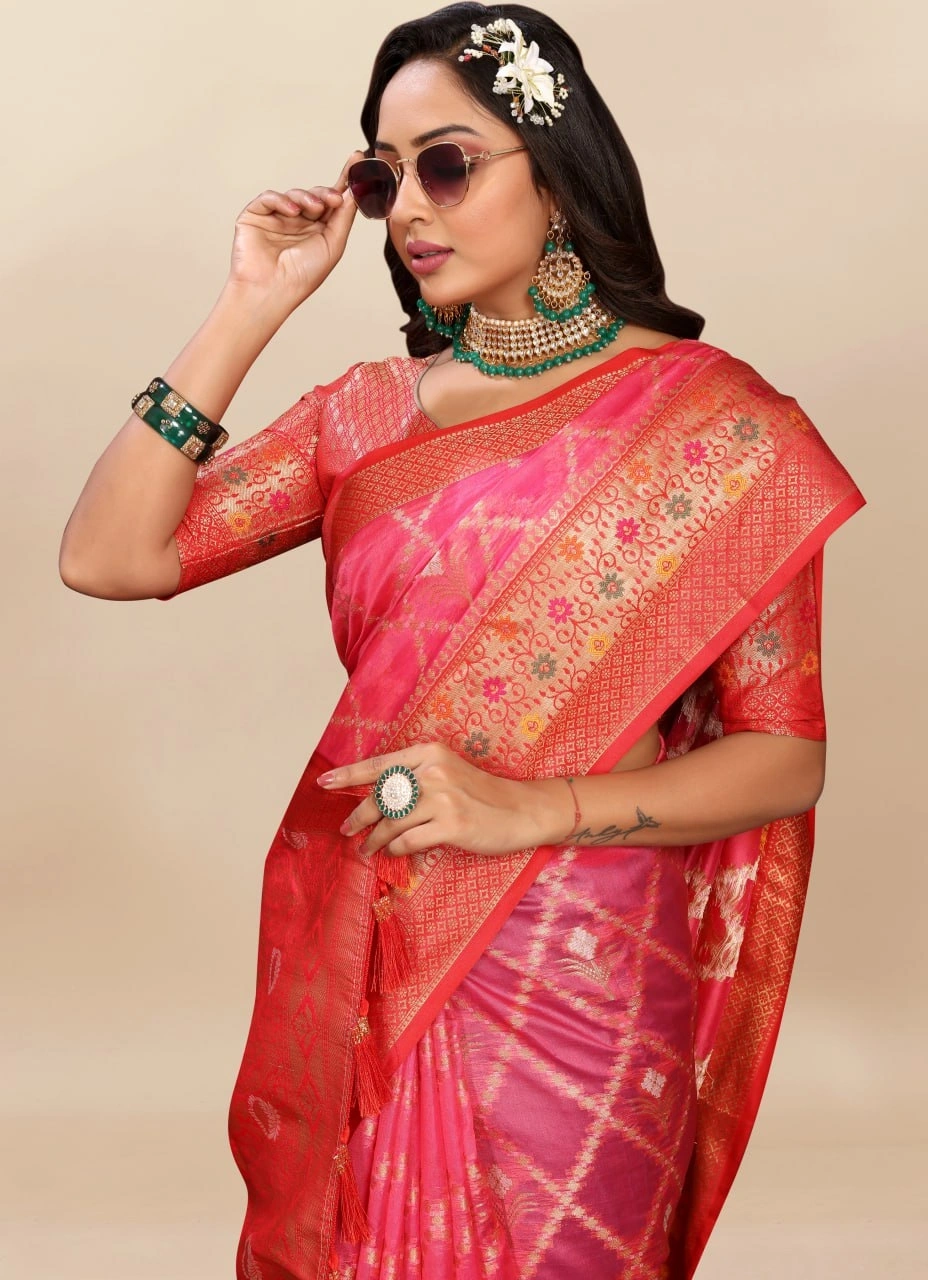 Soft Organza Silk Saree with Opulent Meenakari Weaving and Rich Pallu-Pink-1