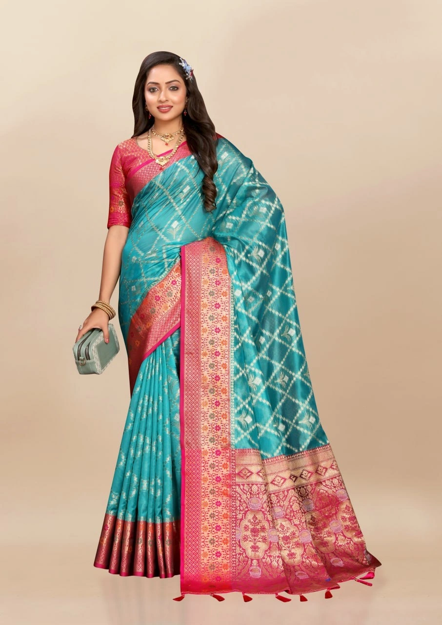 Soft Organza Silk Saree with Opulent Meenakari Weaving and Rich Pallu-Rama-1