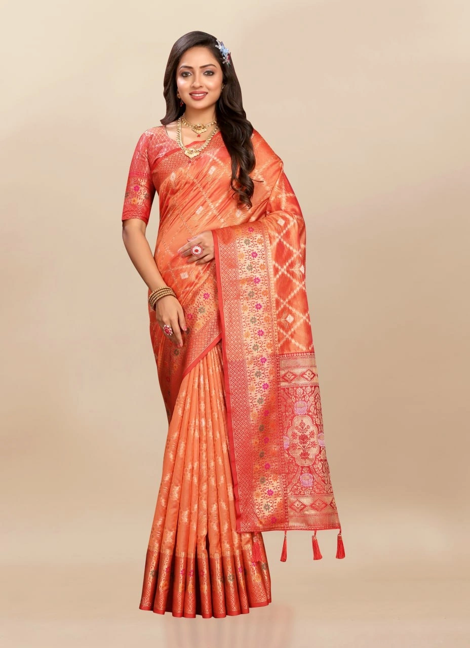 Soft Organza Silk Saree with Opulent Meenakari Weaving and Rich Pallu-RMNX-315-Orange