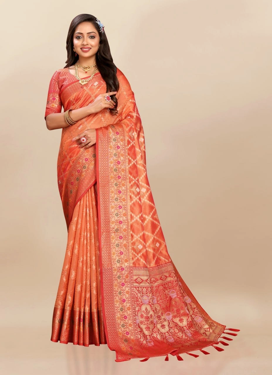 Soft Organza Silk Saree with Opulent Meenakari Weaving and Rich Pallu-Orange-1