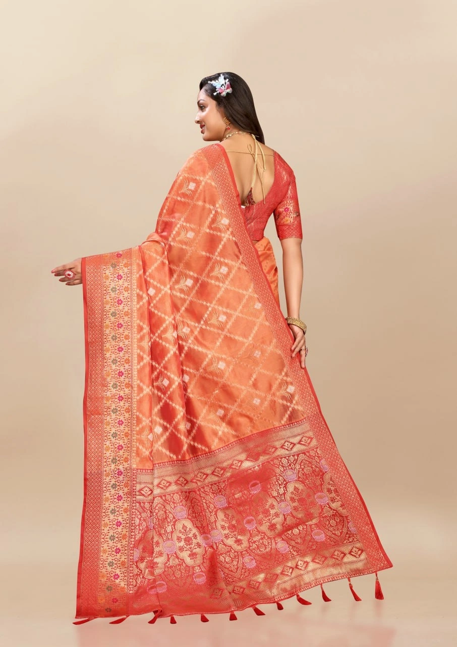 Soft Organza Silk Saree with Opulent Meenakari Weaving and Rich Pallu-Orange-3