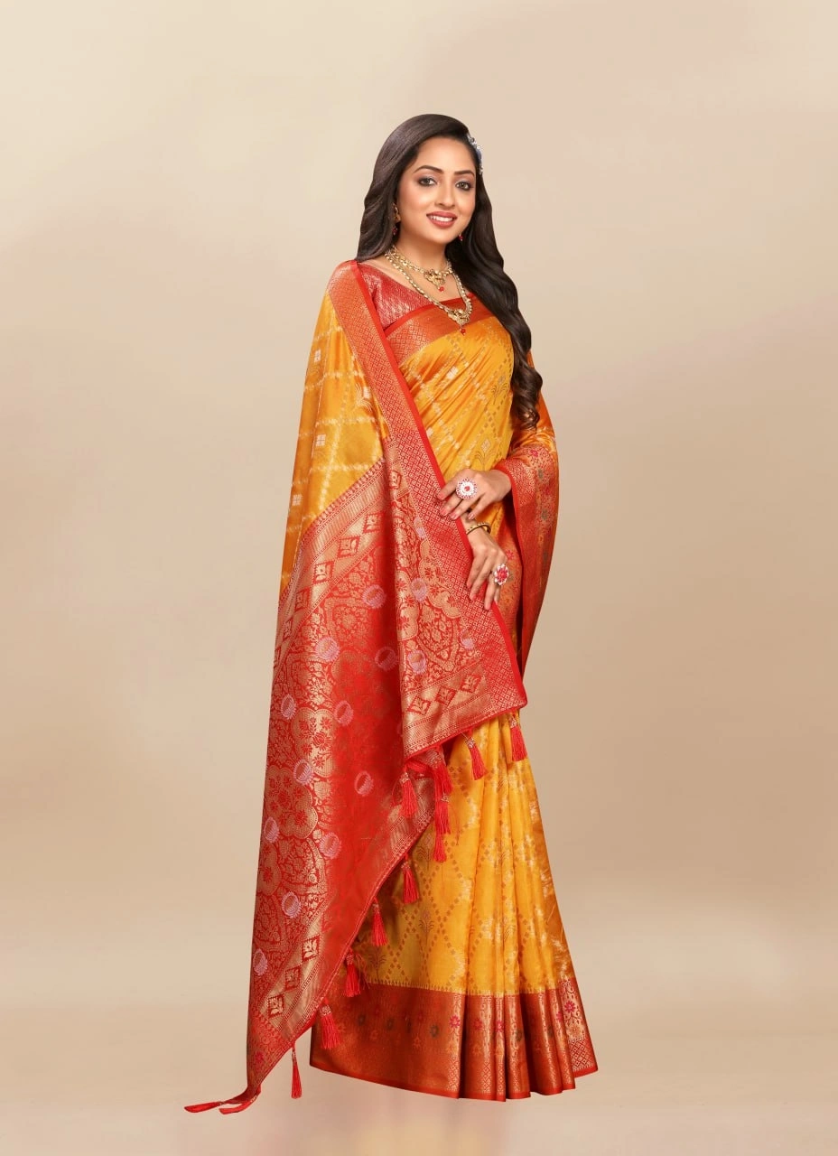 Soft Organza Silk Saree with Opulent Meenakari Weaving and Rich Pallu-Yellow-1