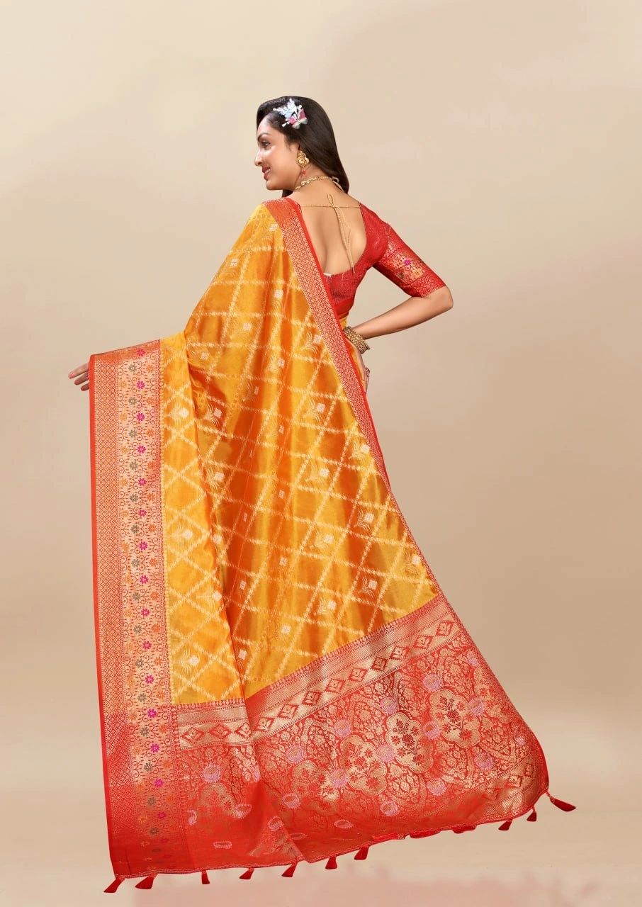 Soft Organza Silk Saree with Opulent Meenakari Weaving and Rich Pallu-Yellow-3