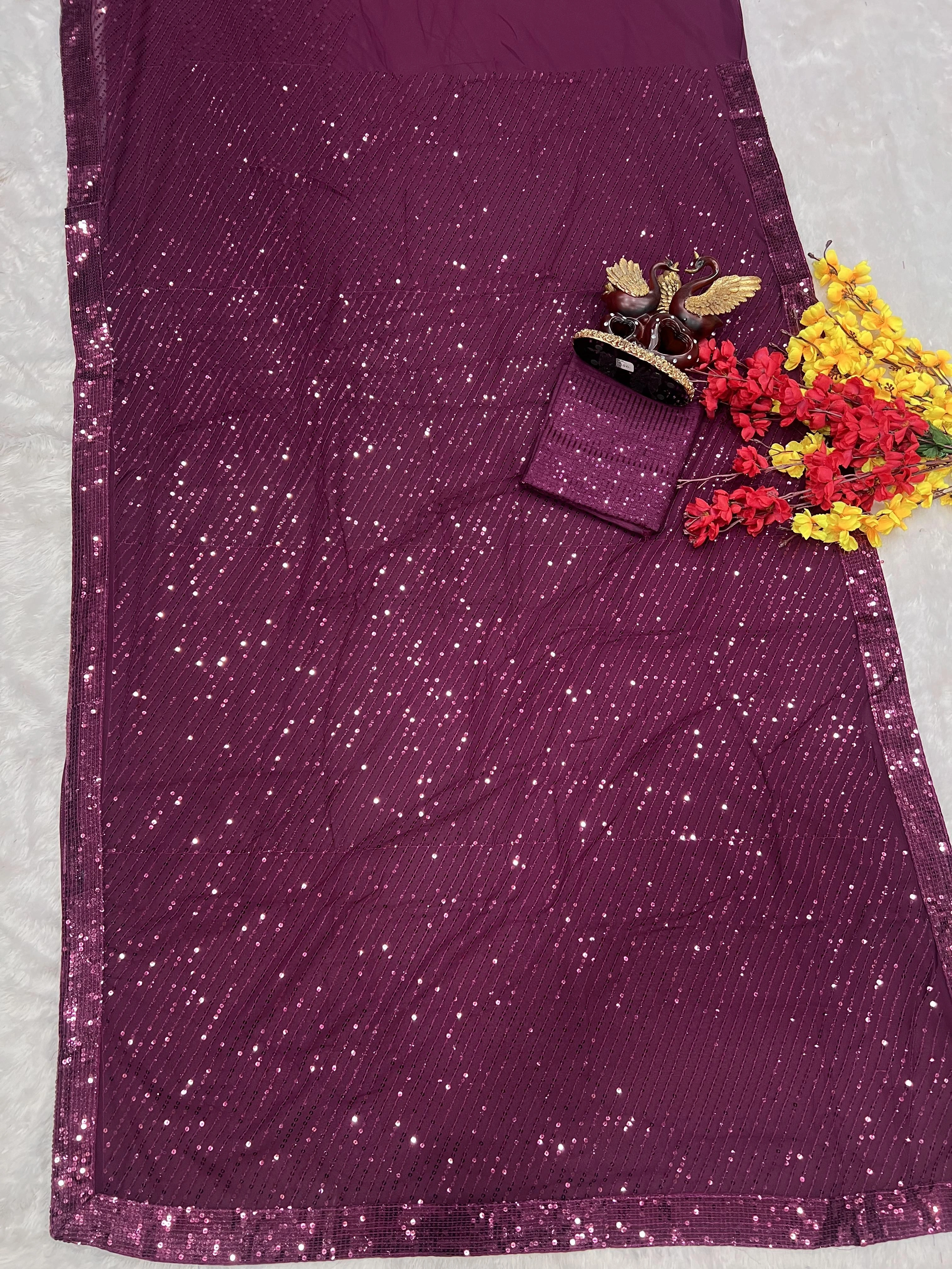 Georgette Saree with Sequence Embroidery-Wine-4