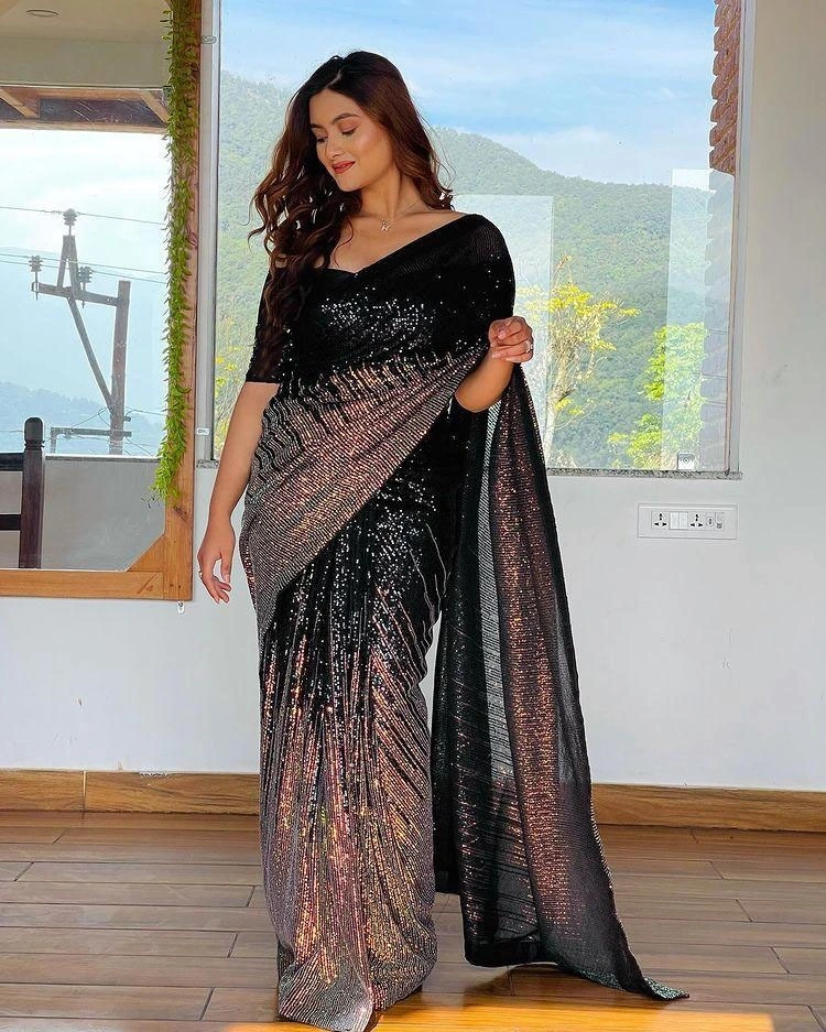 Heavy Georgette Saree with Sparkling Sequin Work With Blouse Piecs-RNC5127-Black