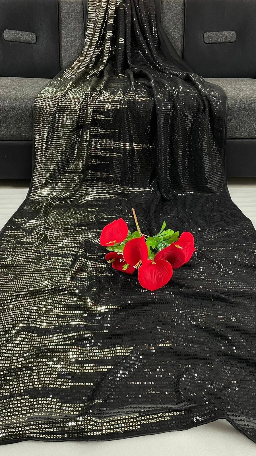 Heavy Georgette Saree with Sparkling Sequin Work With Blouse Piecs-Black-3