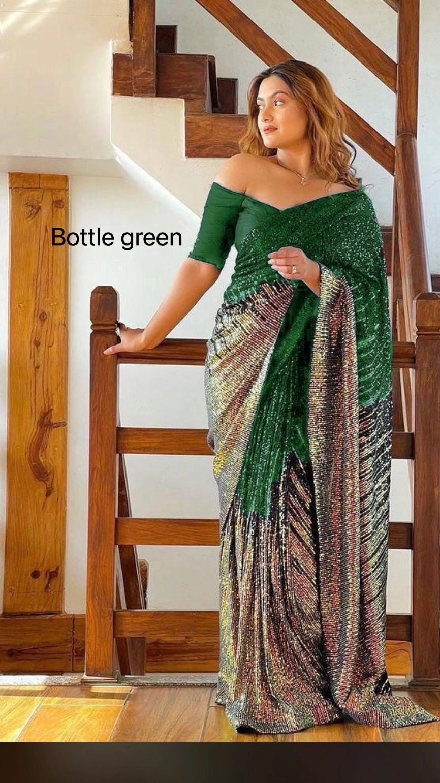 Heavy Georgette Saree with Sparkling Sequin Work With Blouse Piecs-RNC5127-Green