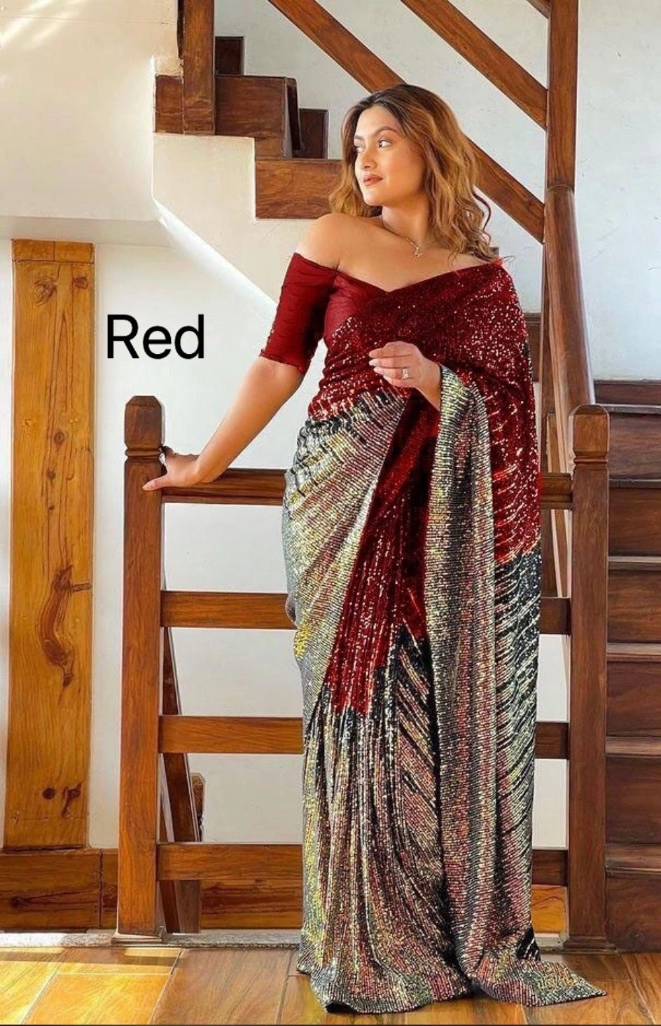 Heavy Georgette Saree with Sparkling Sequin Work With Blouse Piecs-RNC5127-Red