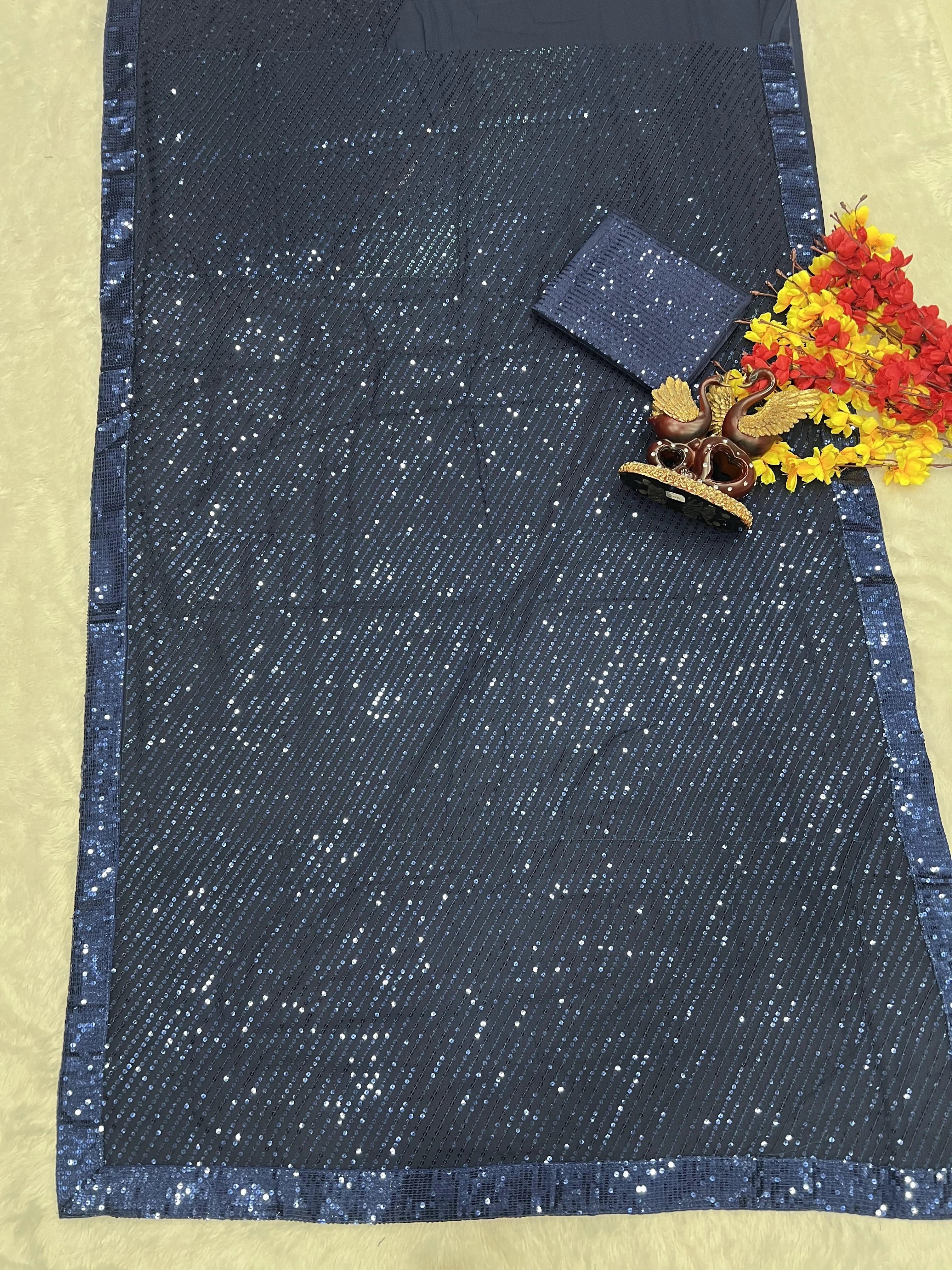 Georgette Saree with Sequence Embroidery-Navy Blue-3