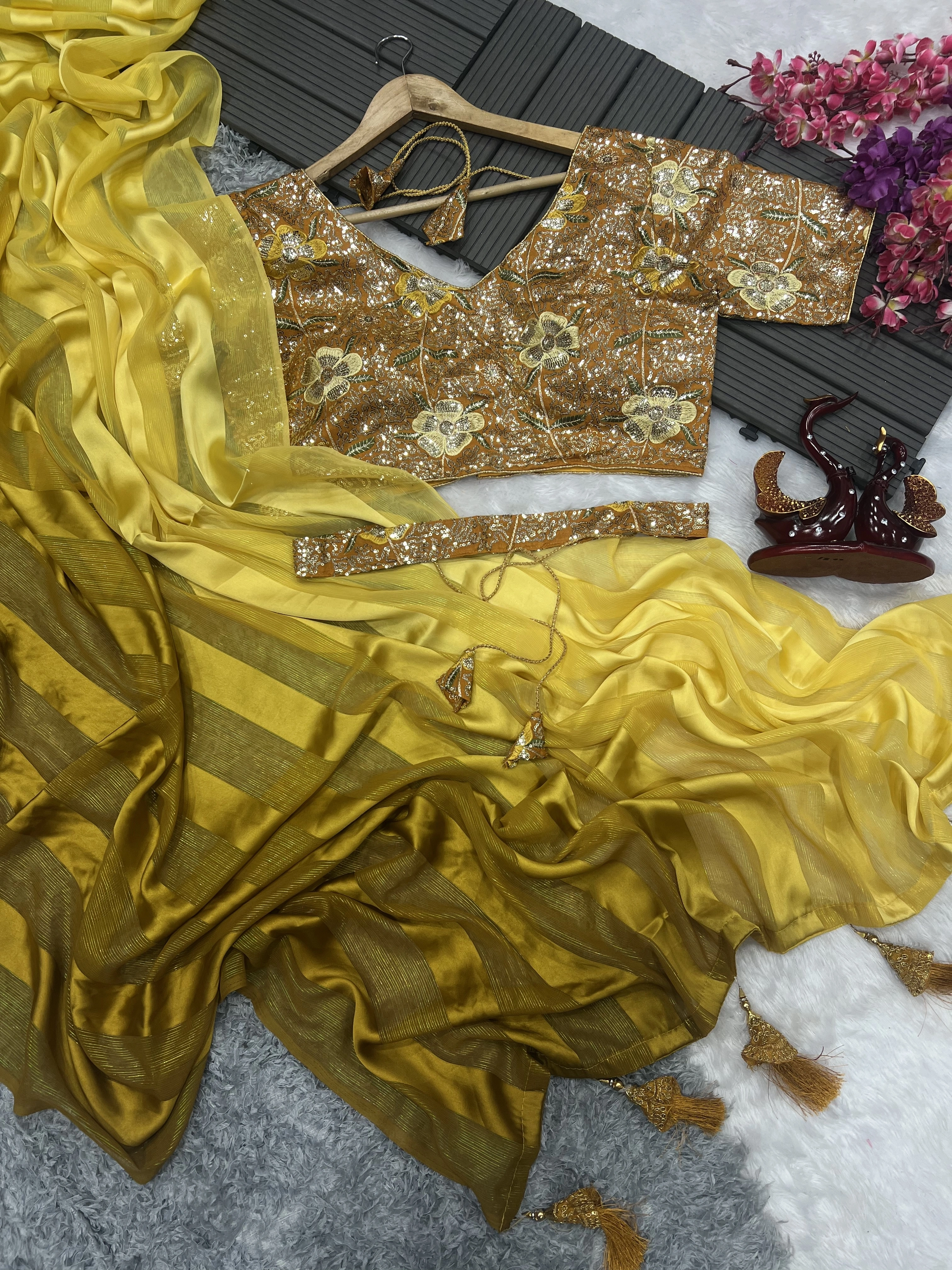 Satin Jari Saree with Sequin Embroidered Blouse With Blouse Piecs-Yellow-1