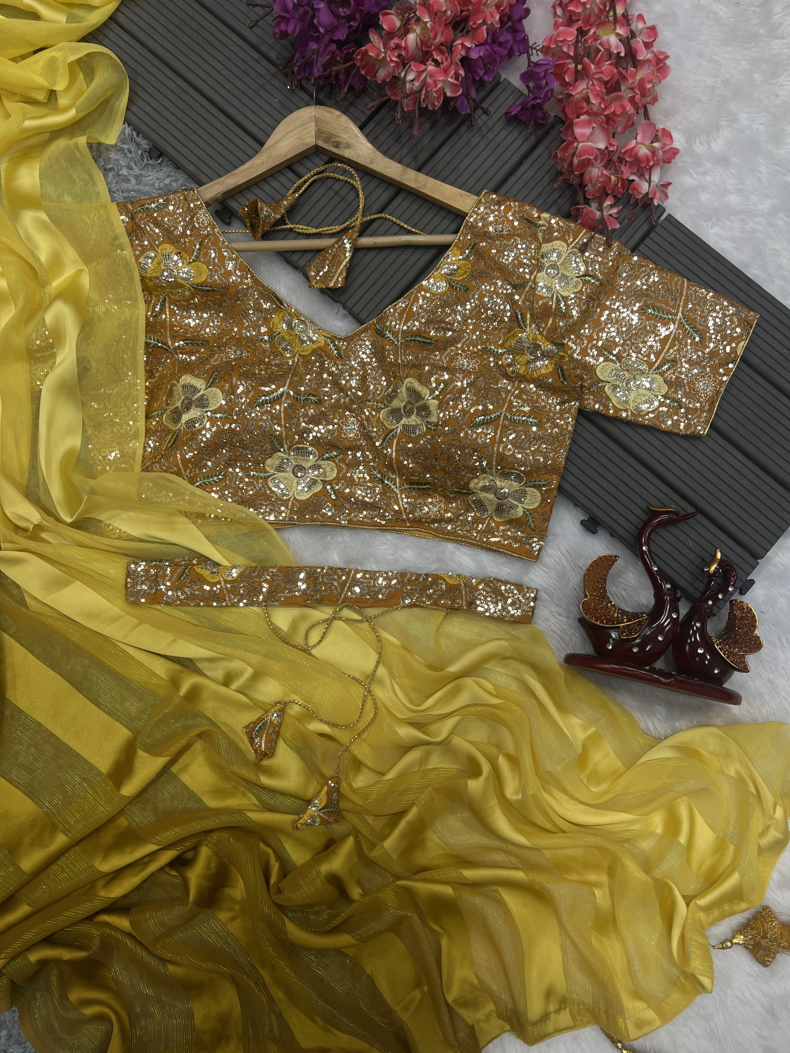 Satin Jari Saree with Sequin Embroidered Blouse With Blouse Piecs-Yellow-2