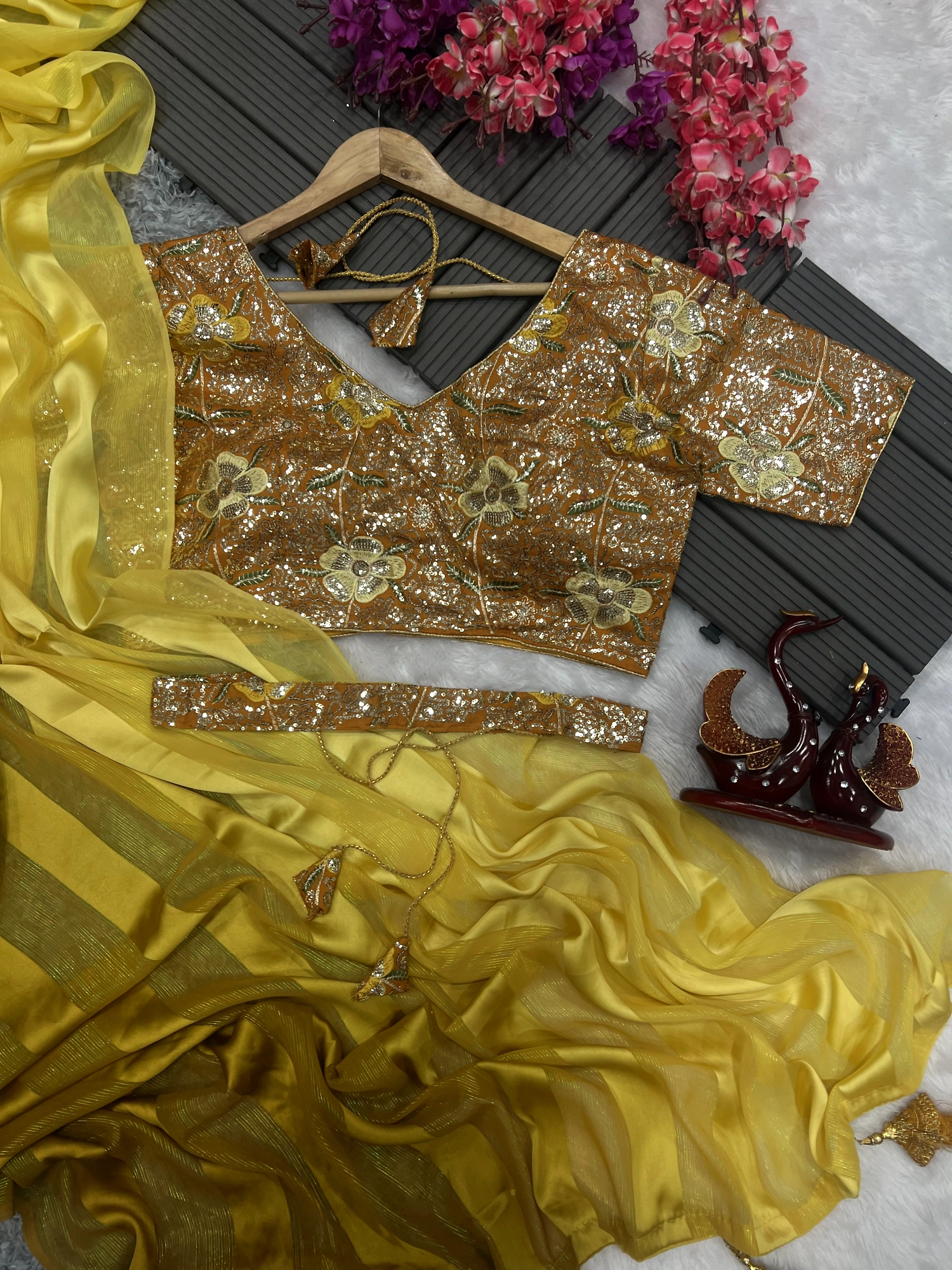 Satin Jari Saree with Sequin Embroidered Blouse With Blouse Piecs-Yellow-3