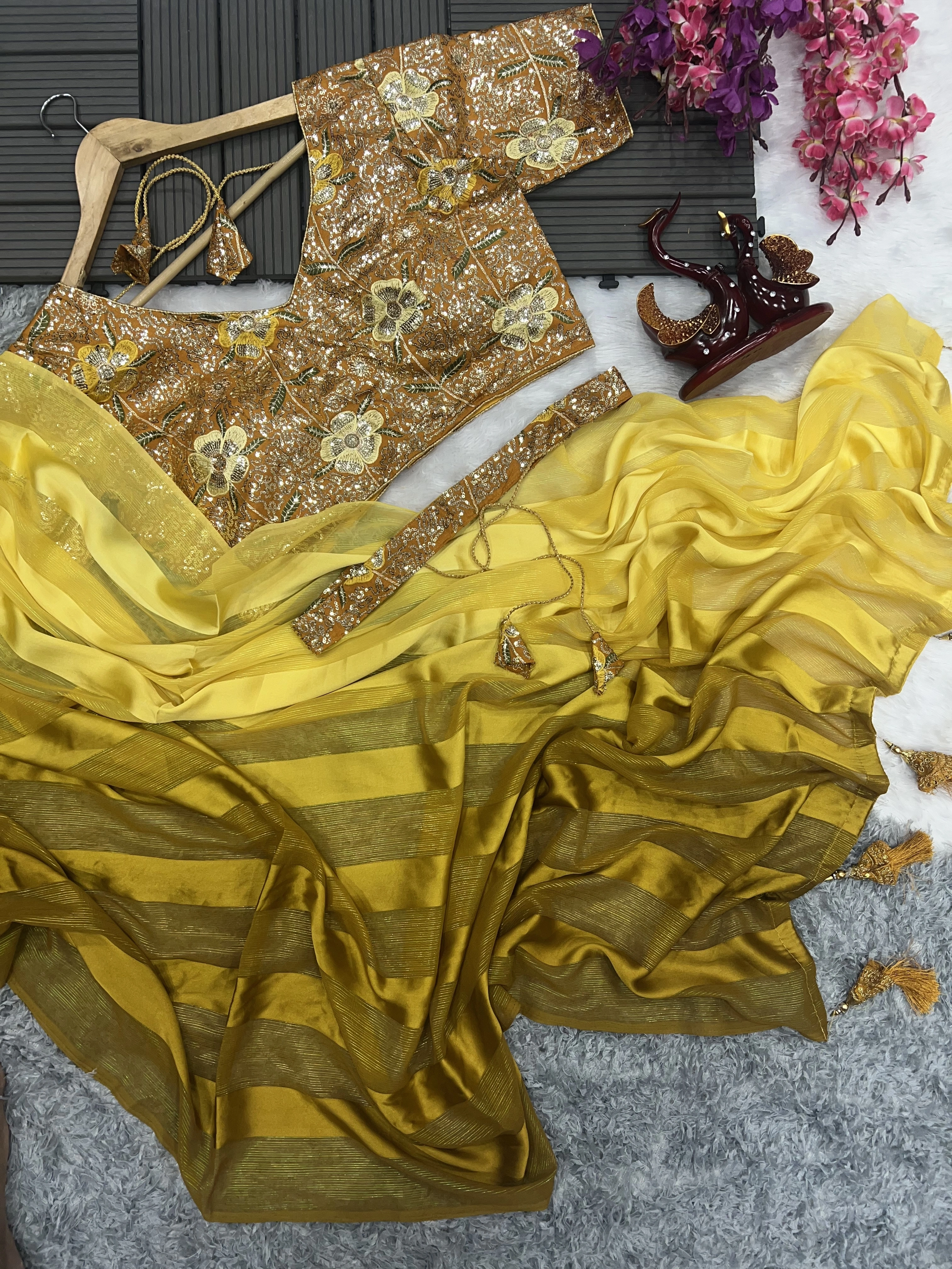 Satin Jari Saree with Sequin Embroidered Blouse With Blouse Piecs-Yellow-4