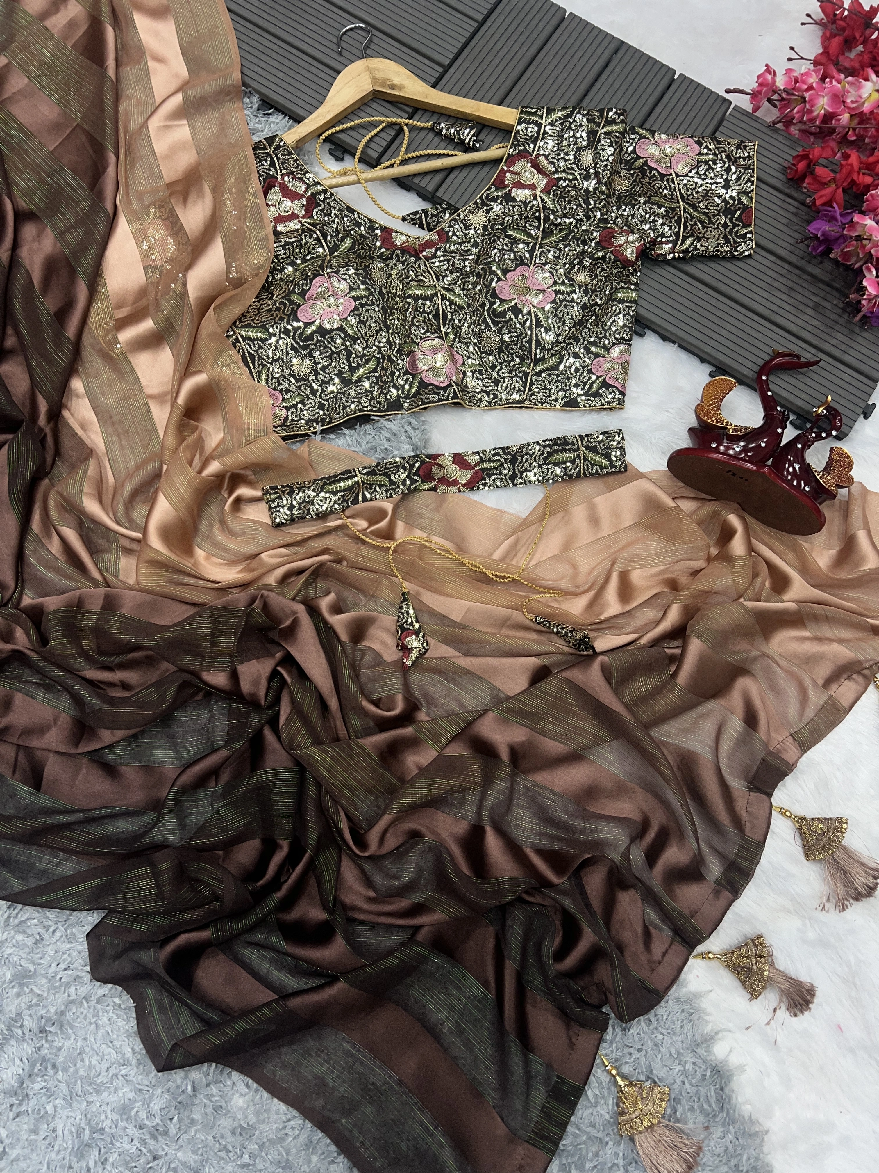 Satin Jari Saree with Sequin Embroidered Blouse With Blouse Piecs-RNC5318-Brown