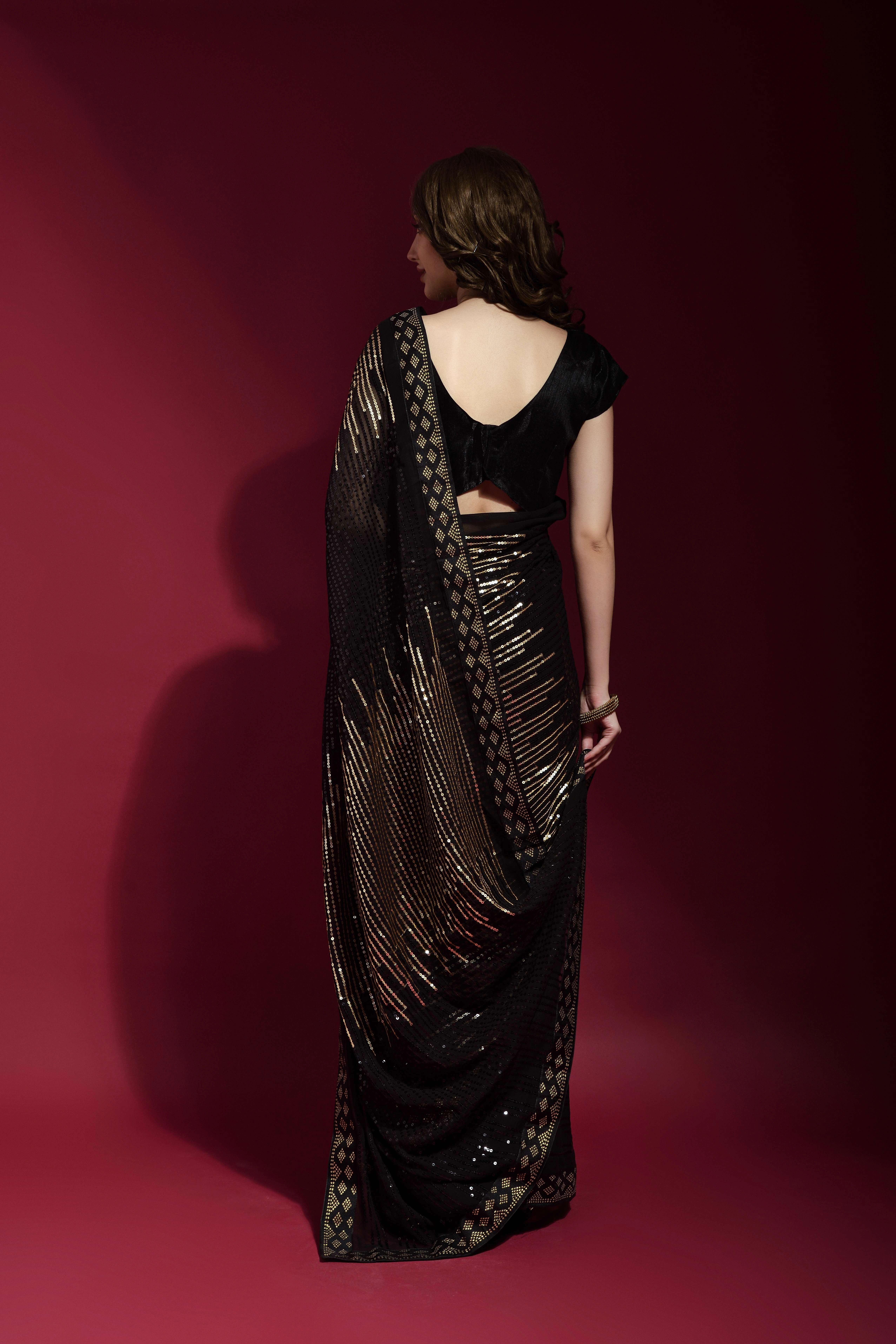 Georgette Saree with Sequin Flourish With Blouse Piecs-Gold-3