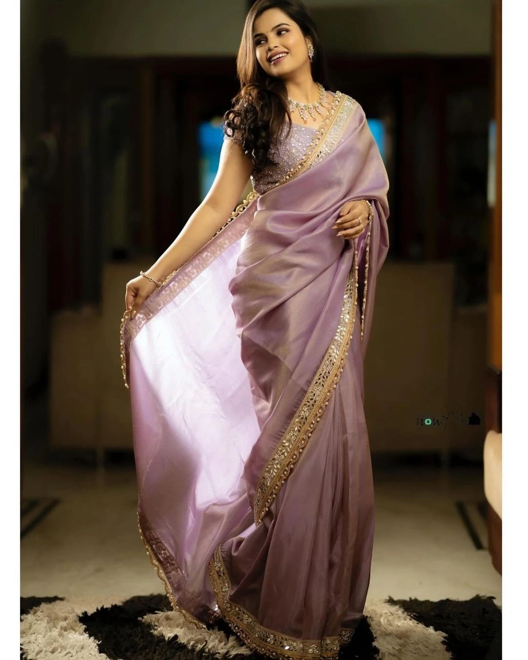 Tissue Silk Saree with Sequin and Mirror Embellishments With Blouse Piecs-3